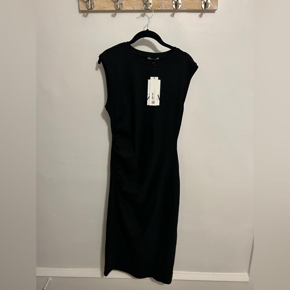 Zara Ruched Ribbed Black Dress - NWT